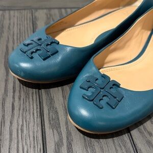 Tory Burch Teal Leather Logo Ballet Flats